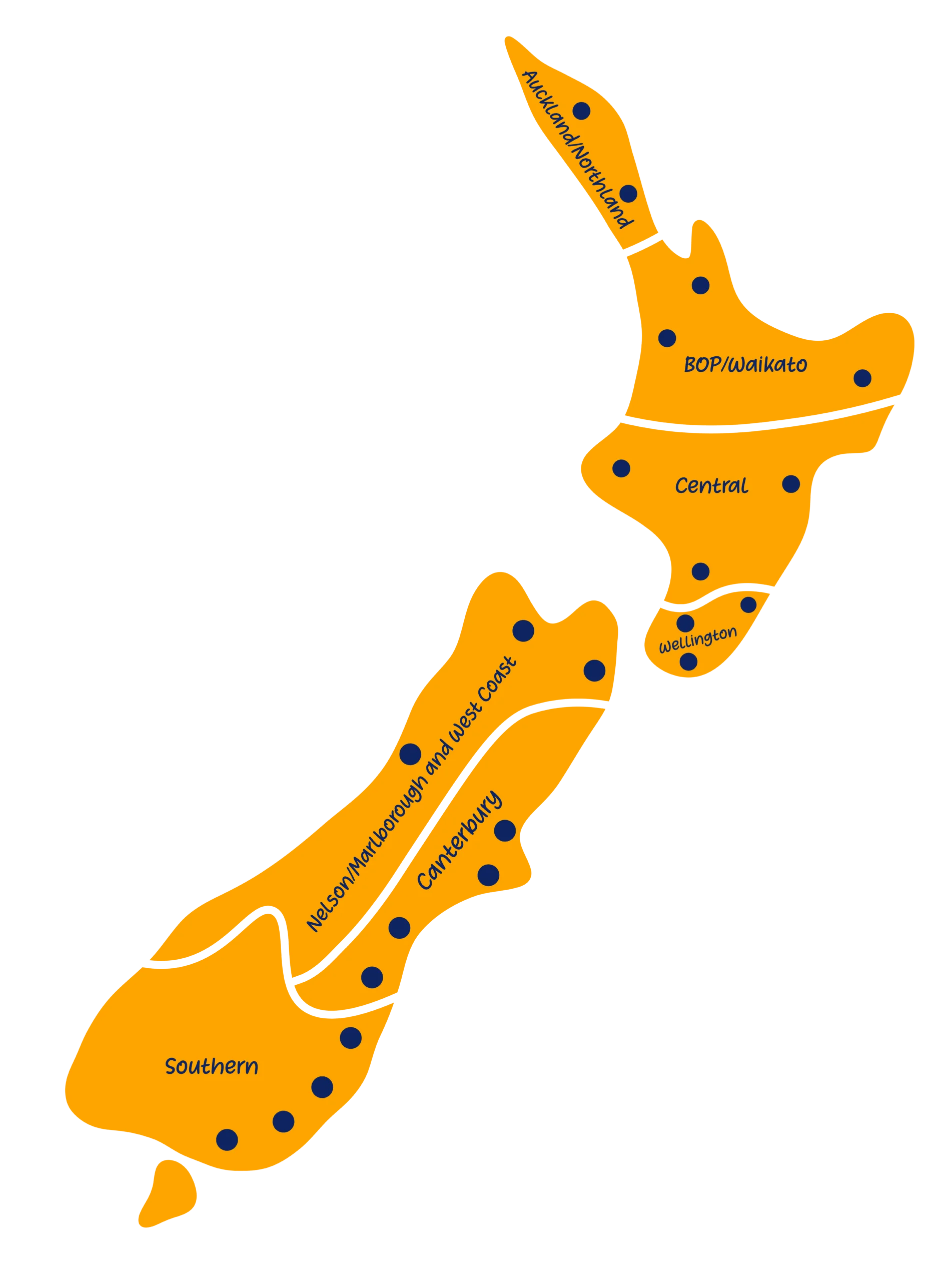 Our Locations Map of Aotearoa New Zealand divided into large areas or regions
