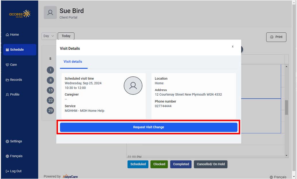 Desktop view of how to request a visit change