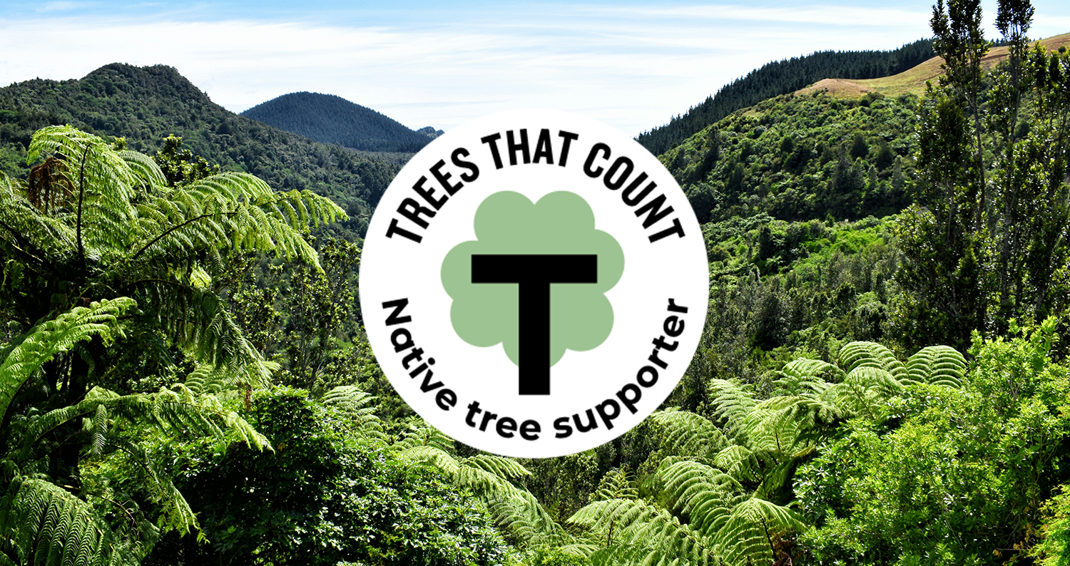 Image of native new zealand trees with logo of trees that count an organisation dedicated to native tree planting