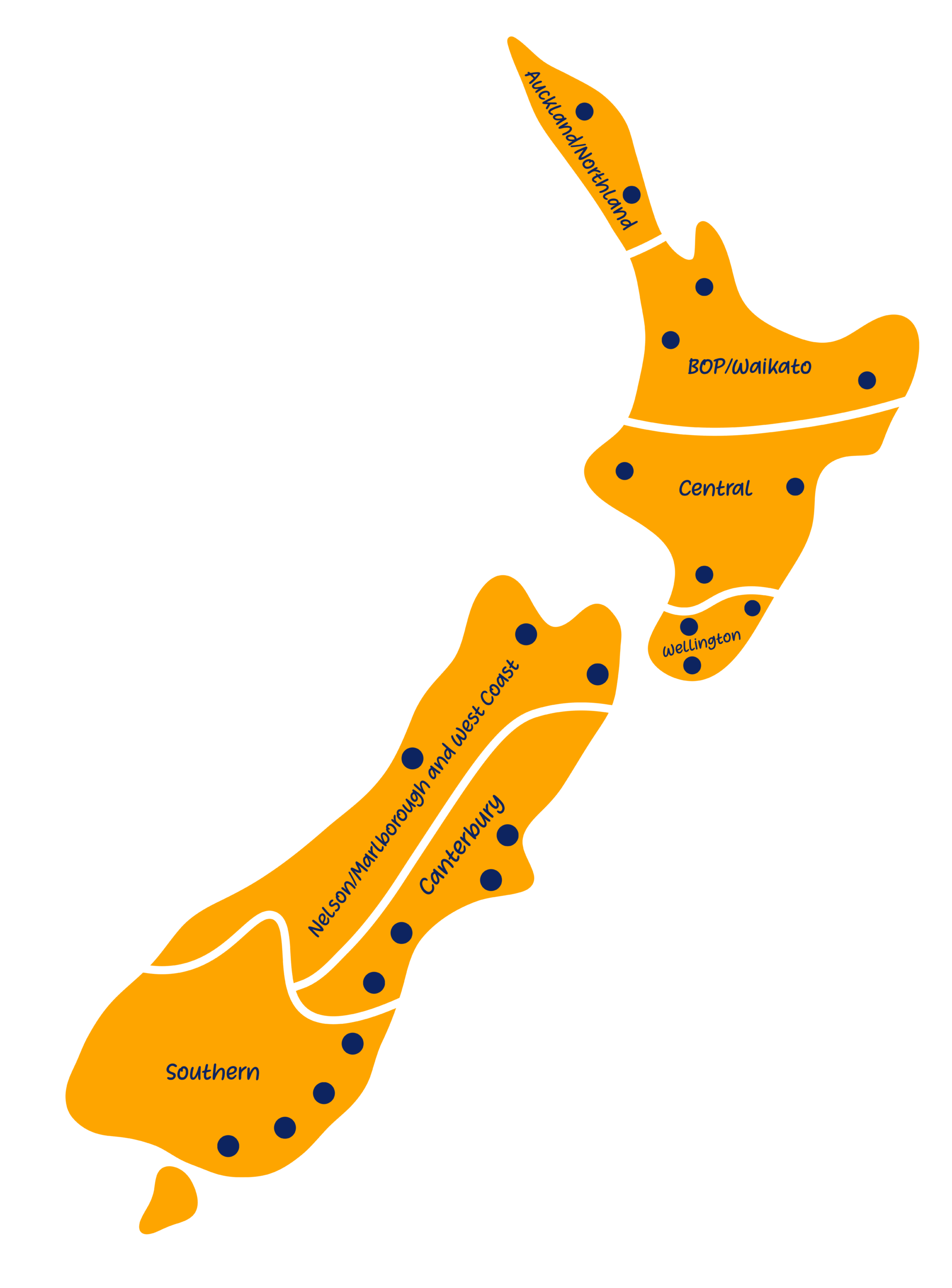 Our Locations Map of Aotearoa New Zealand divided into large areas or regions