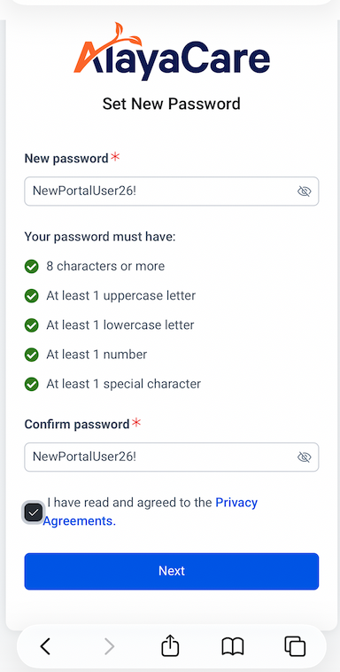Image shows a set New Password screen with a new password chosen and tick to agree to Privacy Agreements.